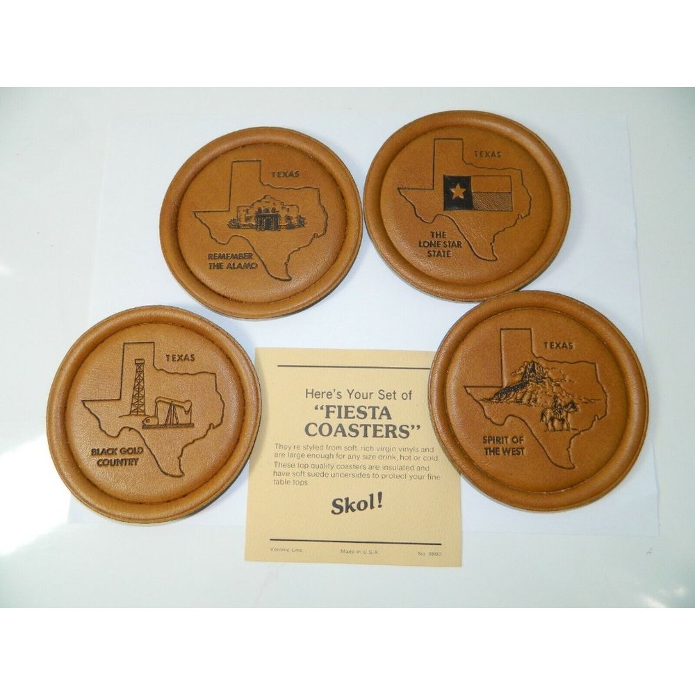 Texas Fiesta Coasters Alamo Oil Lone Star Cowboy Engraved Vinyl Skol Set Of 4